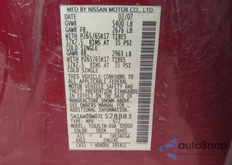 2007 Nissan Xterra Se from USA, damaged, VIN 5N1AN08W07C528883